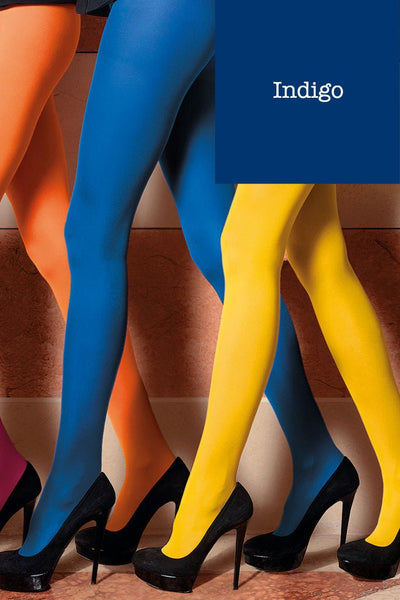 Sophie 70 Den Semi-Opaque Color Tights (A to O) by Trasparenze in vibrant indigo, orange, and yellow shades with black heels