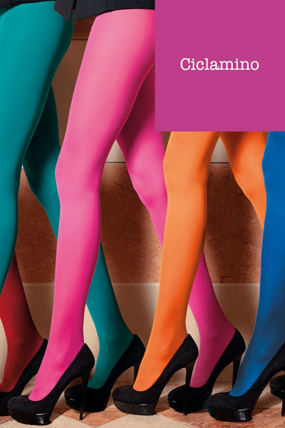 Vibrant Sophie 70 Den Semi-Opaque Color Tights (A to O) in bright hues styled with black heels by Trasparenze.
