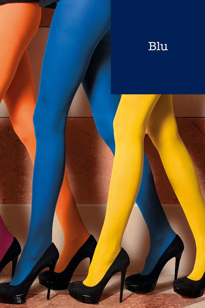 Bright blue, yellow, and orange Sophie 70 Den Semi-Opaque Color Tights (A to O) styled with black heels by Trasparenze.