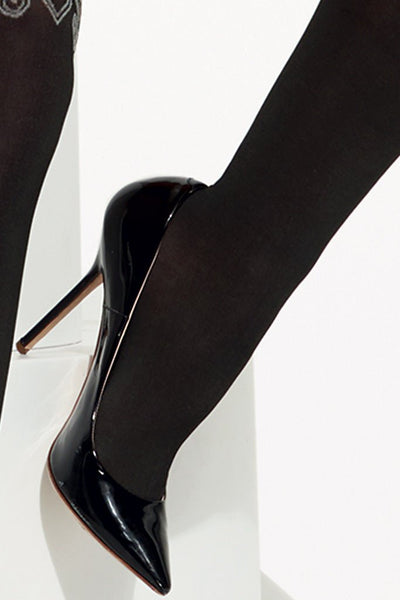 Trasparenze Spielberg Fashion Over The Knee Tights with opaque legs and baroque lace detail paired with black patent heels