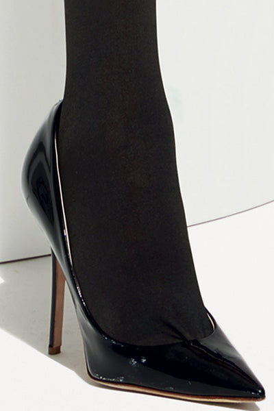 Trasparenze Spielberg Fashion Over The Knee Tights with 80 denier opaque legs and baroque lace detail paired with black heels.