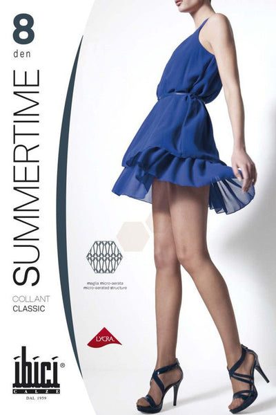 Ibici Summertime Ultra Sheer Pantyhose worn with a blue dress and black high-heeled sandals for a classic look.